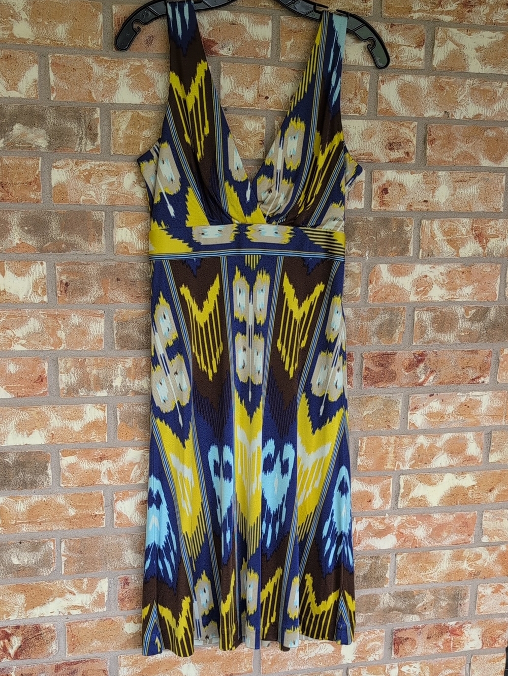 Tory Burch Blue, Yellow & Brown Patterned V-Neck Dress